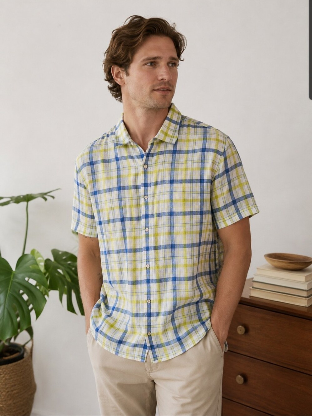 Swims NWT 100% Linen Plaid Buttoen Down  Shirt Size Medium